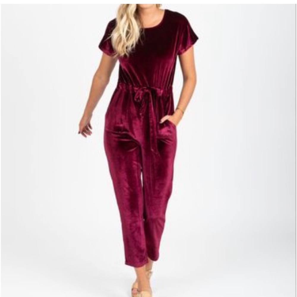 Piper & Scoot Bianca Velvet Cinch Waist Jumpsuit  L Burgundy Short Sleeve Pocket